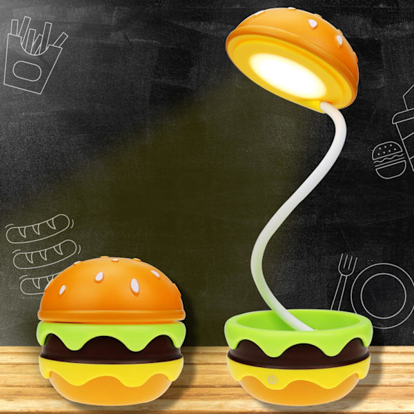 Søt skrivebordslampe for barn, oppladbare hamburger små skrivebordslamper