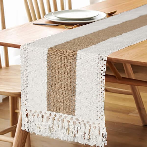 Boho Bordløber til Hjemmeindretning med Kvaster 220cm Lang Landlig Rustik