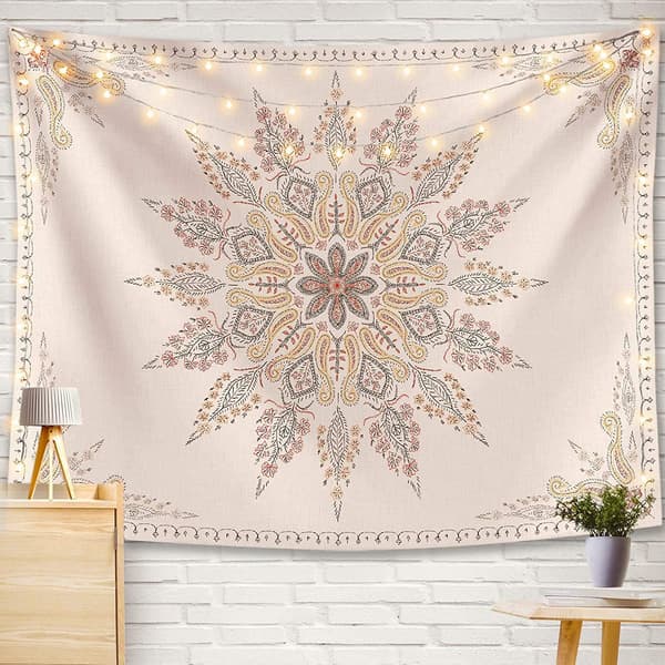 Bohemisk väggbonad, beige vit blommig gobeläng med