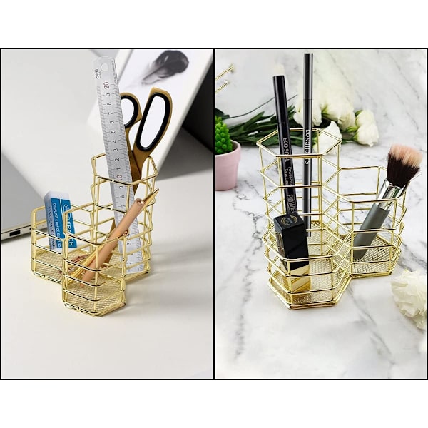 Penselholder, hul sekskantet penselholder, makeup penselholder penselholder til skrivebord, metal penselholder opbevaringsboks til makeup pensler til kontor, hjem, skole, kontorartikler, guld