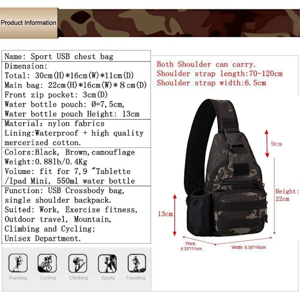 Crossbody Bag Axel Bröst Taktisk Väska Cykel Fotvandring Ryggsäck