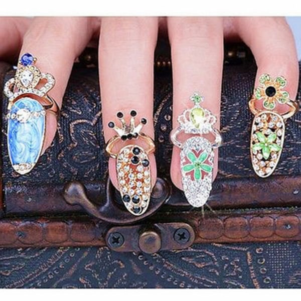 Kvinder Mode Bowknot Nail Ring Charm Crown Flower Crystal Finger Nail Ringe