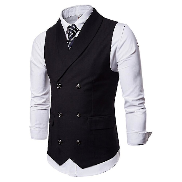 Allthemen Herre Business Formell Ensfarget Lapel Dobbeltspent Slim Vest, Svart