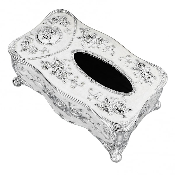 Kudoksen kotelo 3D-ruusun kuviolla, elegantti muotoilu, hammastikkupaikka, perheelle, toimistolle, juhliin, hopeavalkoinen