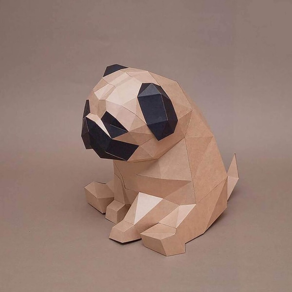 3D-mops-pappersskulptur, förskuren DIY-pappershantverkssats, handgjord ani