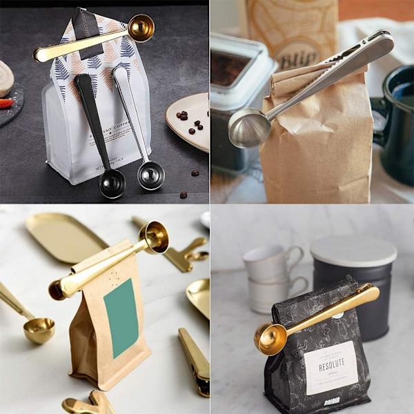 Kaffeskopa med klämma, 2 i 1 rostfritt stål 1 msk mald måttsked med påsklämma för kaffe te (5-pack)
