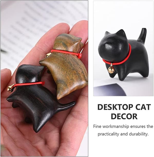 Träkatt Figur Dekoration Mini Snideri Kattunge Staty med Klocka