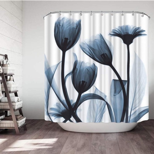 Elegant Tulipan Blå Blomst Polyester Stof Bruseforhæng Design