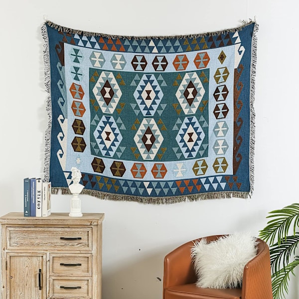 Bohemisk blå etnisk vävd geometrisk blå och khaki soffkast för soffa, aztekisk sängöverkast, överdimensionerat sofföverdrag med tofsar (90*150cm)