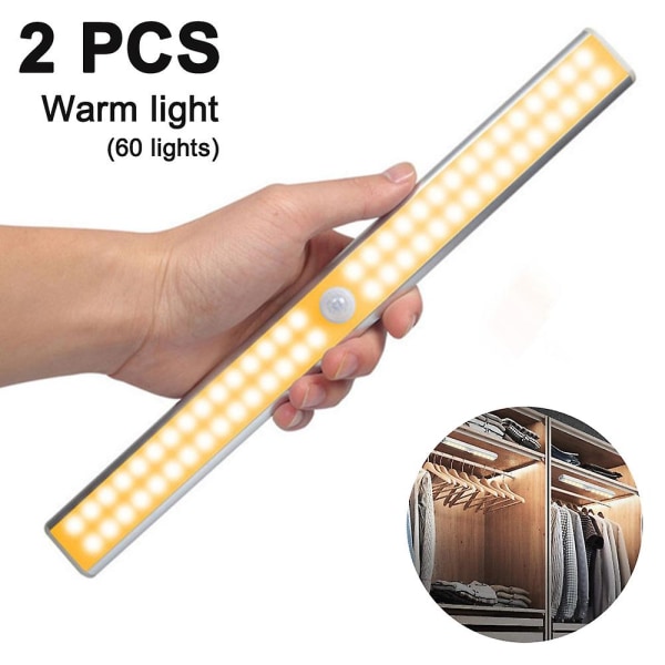 2-Pack Led Closet Light, 60 Led oppladbart bevegelsessensorlys