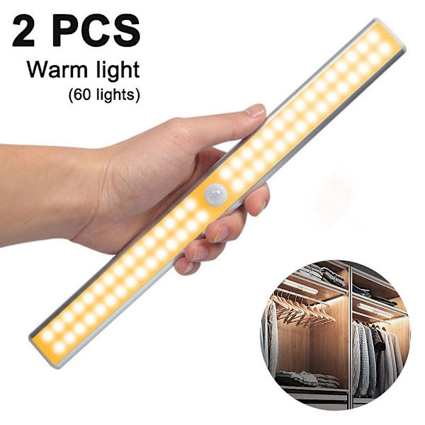 2-pakning LED-skaplys, 60 LED-er oppladbart bevegelsessensorlys