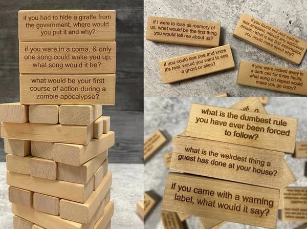 54 bitar frågor tumlande torn spel, trä stapling torn spel