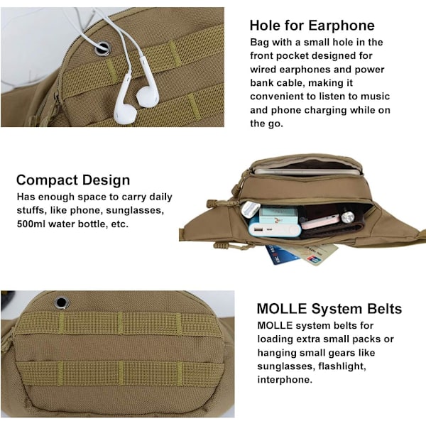 Taktisk midjeväska, 900D nylon Oxford vattenavvisande utomhus EDC bältesväska Utility midjeväska utomhus bumbag (Khaki)