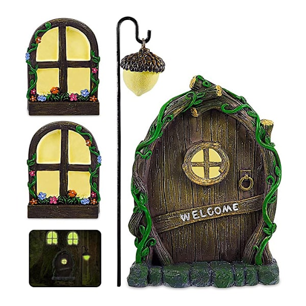 Miniature Gnome Fe Hjem Vindue og Dør til Træer, Glød i Mørket Have Kunst Have Skulptur Plæne Ornament Dekoration