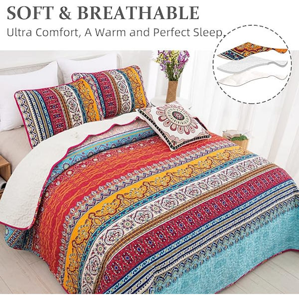 Bohemian Quiltet Sengetæppe Dobbelt 3-delt Patchwork Vendevendbart Dyne Blødt