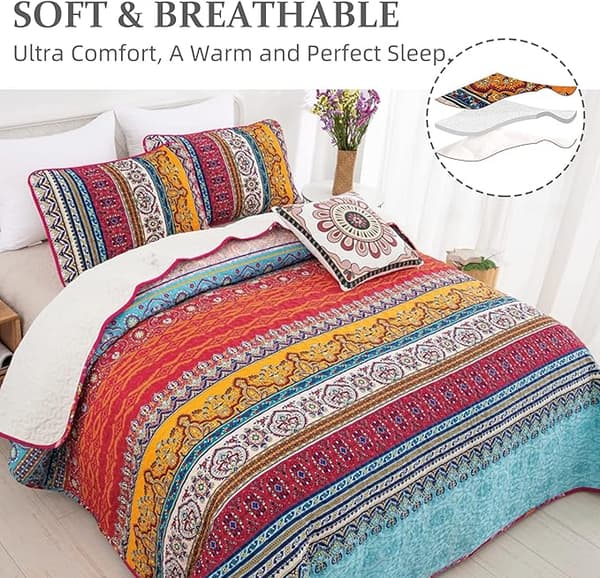 Bohemisk Quiltad Överkast Dubbel 3 Delar Patchwork Vändbar Täcke Mjuk