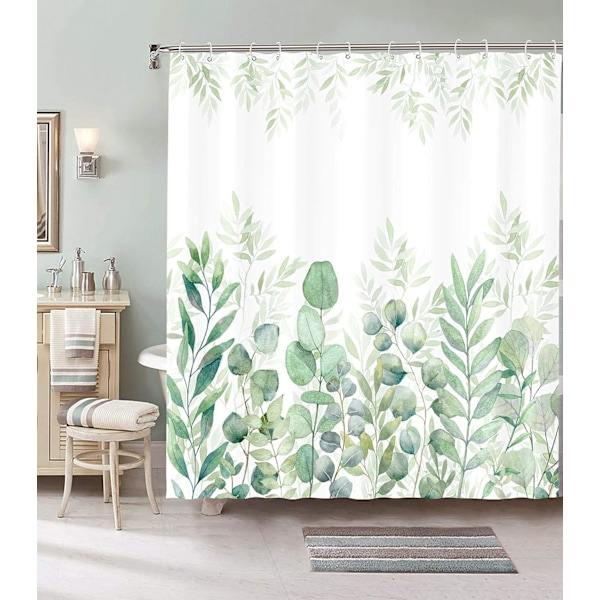 Grön och vit duschdraperi, tyg duschdraperier för badrum, växtblad duschdraperi set med 12 krokar 72''×72'' (Grön)