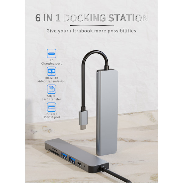 USB C -keskitin, USB C -sovitin MacBookille, 6-in-1 USB Type-C - HDMI 4K -moniporttikeskitin, yhteensopiva Type-C -kannettavien, kuten MacBook Pron, Dell XPS:n ja Chromebookin kanssa