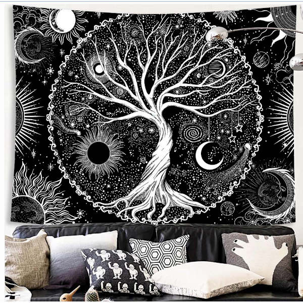 1 kappale Elämänpuu seinävaate Kuu ja aurinko Musta seinävaate Psykedeelinen seinävaate Tähtitaivas Mandala seinävaate Dekoraatio (230x180cm)