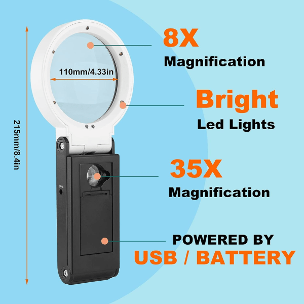 4,35 tommer 8X 35X med lys og stativ, bærbar stående LED-belyst forstørrelsesglass