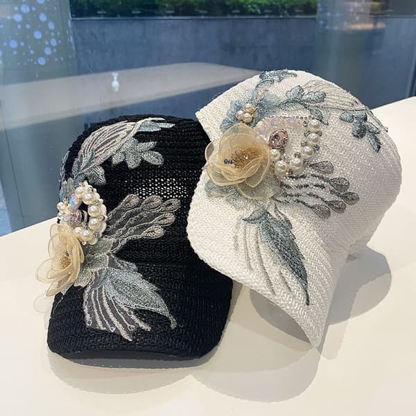 Dame Blomster Baseball Cap Justerbar Hat Brodert Perle Rhin