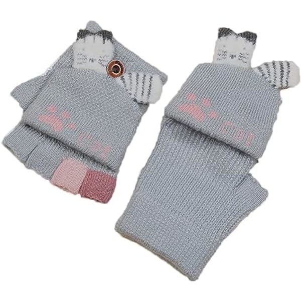 Børne konvertible fingerløse handsker, søde dyr vintervarm strik