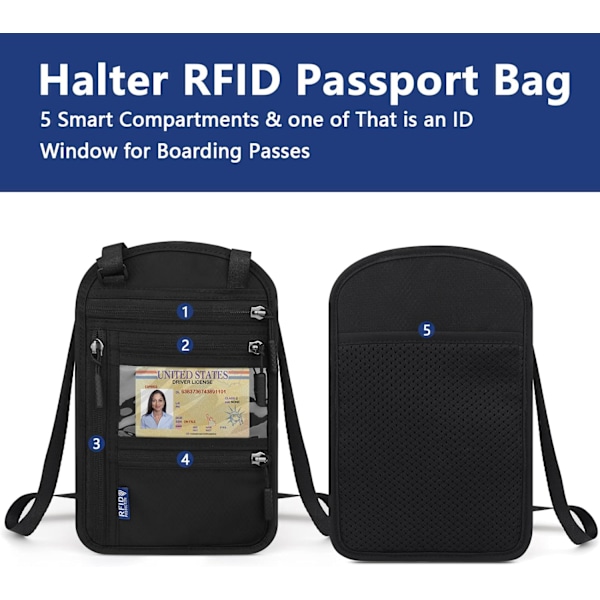 Rejse Halspose med RFID Blokering, Vandafvisende Rejse Pengepung Pas og Flybilletter, Justerbar Rejsedokument Taske Pose - Sort