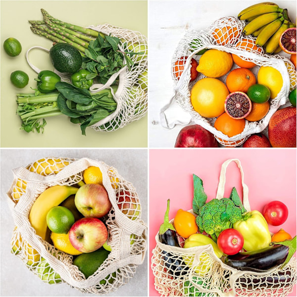 Mesh Shopping Net (4-pack) - Bomullskasse med handtag - Bärbar, återanvändbar och tvättbar shoppingnät - Frukt, grönsaker, matvaror och strand