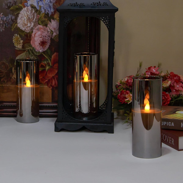 Grå glasflamfria LED-ljus, batteridrivna flimrande äkta vaxpil
