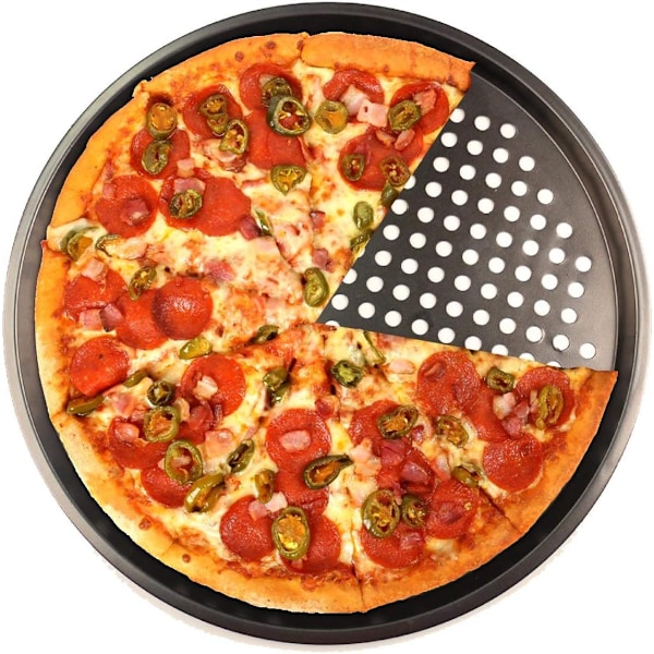 3 stk Runde Pizza Bageplader Non-Stick med Perforerede Huller - 24cm, 28cm, 32cm - Kulstofstål Pizza Pan til Hjemmekøkkenovn (3 stk)