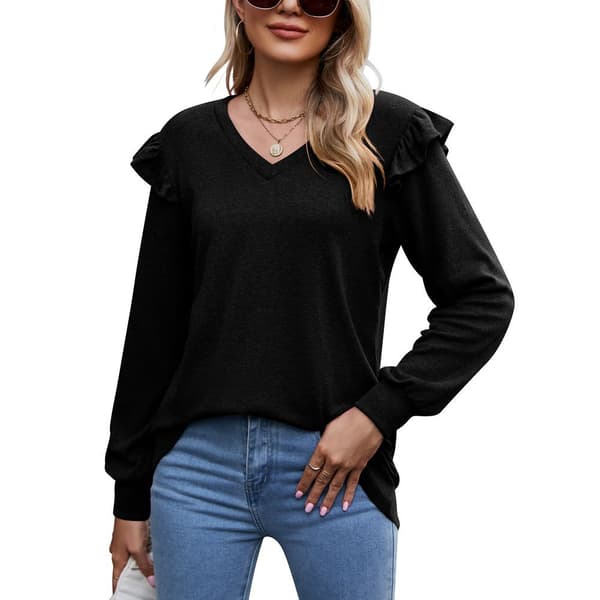 Dam långärmad V-ringning avslappnad toppar blus T-shirt（Svart-M）