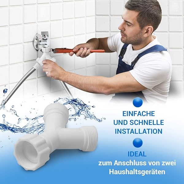Dobbel Vannkobling / Dobbel Y-kobling 3/4\" - Universell Gaffelkobling - 2-veis Splitter for Tilførselsslange - Vaskemaskin og Oppvaskmaskin
