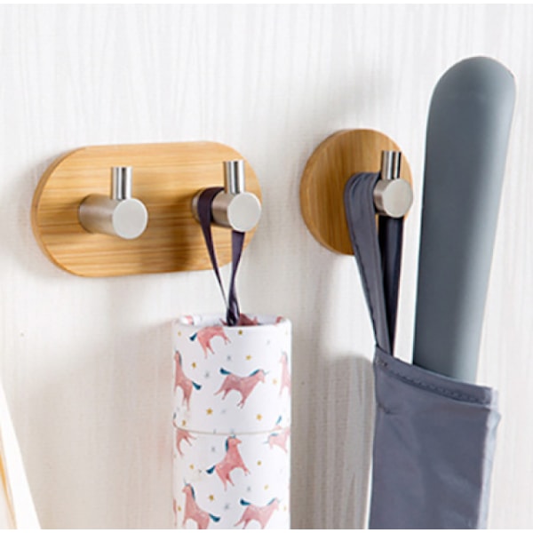 Bambubadhanddukar, Träväggmonterad Kapphängare, Självhäftande Dörrhängare, Handdukskrokar, för Badrum Kökskontor (2-pack)