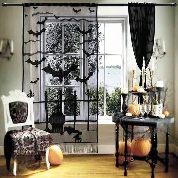 Halloween Dørgardin Kranie Bat Edderkop Web Sort Blonder Dørgardin