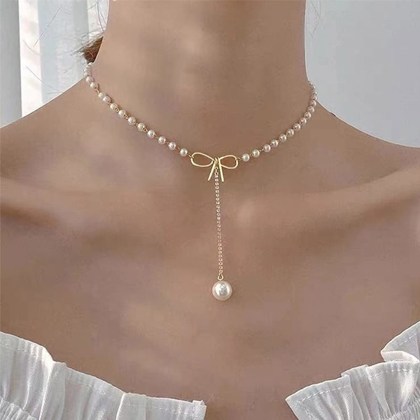 Boho Pearl Y Halskjede Gull Sløyfe Pearl Halskjede Choker Kjede Duske