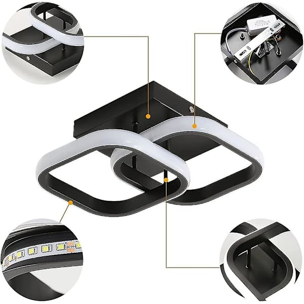 20w Moderne LED-taklampe, 2500lm, 6000k Kaldt hvitt, 24cm, svart [