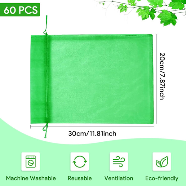 60 stk fruktbeskyttelsespose, druebeskyttelsespose 20x 30cm organza hagepose med snøring (grønn)