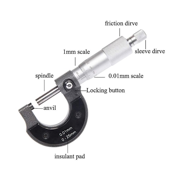 0-25mm Udvendig Mikrometer, 0,01mm Opløsning (metrisk)