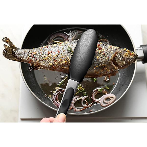 Svart kjøkkentong, Premium silikon BPA-fri non-stick rustfritt stål BBQ matlaging grilling låsing mat tang, 9-tommers