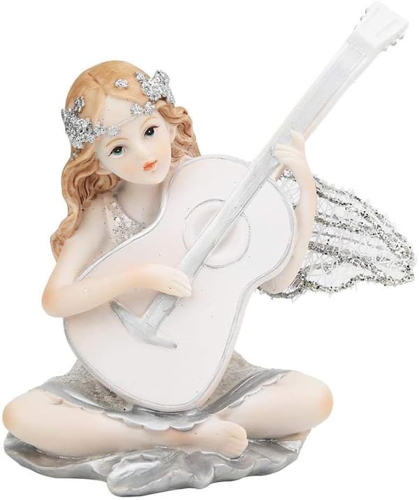 Skulptureret harpiksstatue fe figur, der spiller guitar, engelfigur