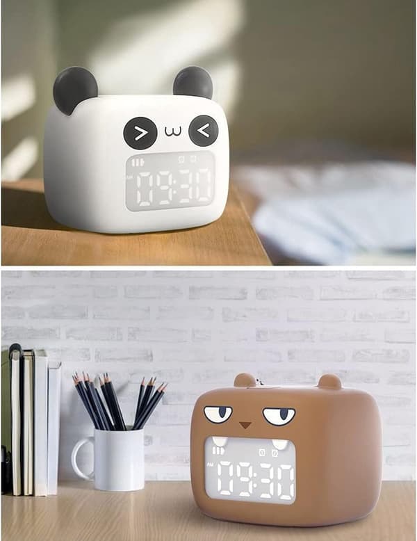 Barnklocka Söt Djur Digital Väckarklocka för Barn Sängklocka Snooze Timer för Barn USB-laddning (Vit)