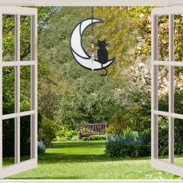 Svart katt på månen Målat glas fönsterhängande hemträdgårdsdekor