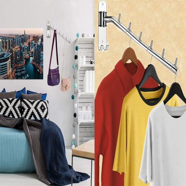 5 kroker rustfritt stål veggmontert klesstativ, veggmontert klesstativ, sammenleggbar, veggmontert klesvifte - plassbesparende svingbar veggkrok/garderobe