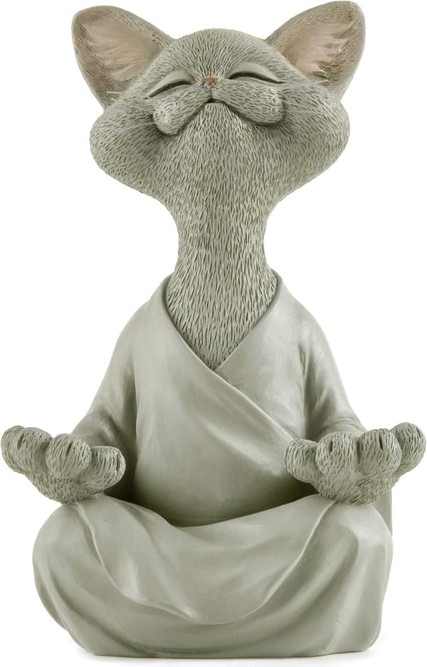 Fantasifull grå Buddha-kattstatue meditasjon yoga samleobjekter - H