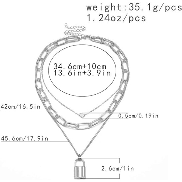 Hopeinen kerroksinen kaulakoru esteettinen punk-koru lukko ja avain paksu ketju Ne