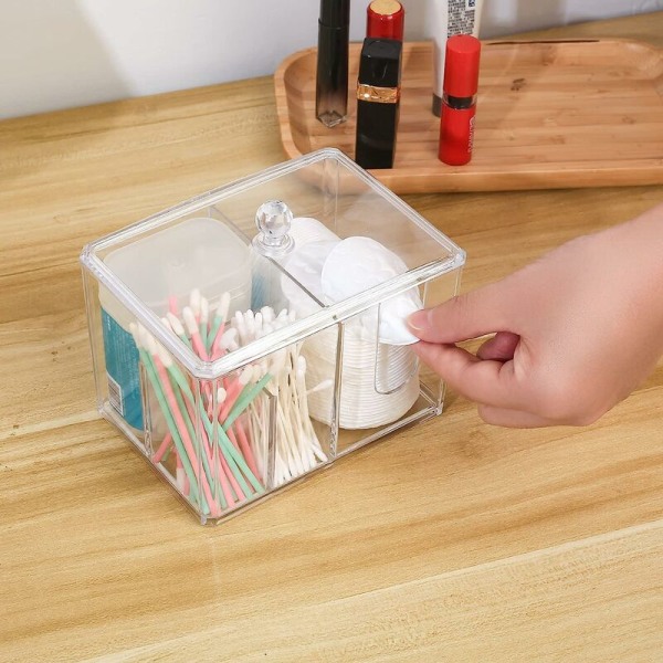 Bomullsburk, Akryl Dispenserhållare för Bomullspinnar, Akryl Förvaringslåda med Lock för Bomullsskiva Organizer, Makeup Kosmetika, Badrum