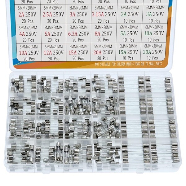 AUKENIEN 24 Værdier 400 Stykker Glassikring 5x20mm 0.25A 0.5A 1A 1.6A 2A 2.5A 3A 3.15A 4A 5A 6.3A 8A 10A 12A 15A 20A 250V 6.3x32 6x30 mm 0.5A 1A 2A 3A 5