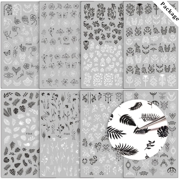 8 Sheets Black White Leaves Flower Nail Art Stickers Decals Plant