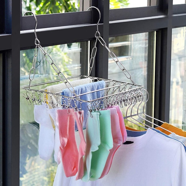 Sock Drying Rack, rostfritt stål med 36 vindtäta klämmor Hängande kläder D