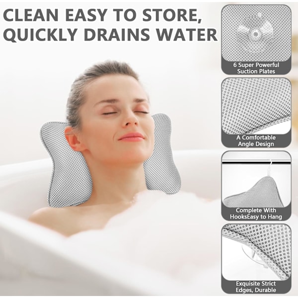 Badeputer, Badeputer for Badekar, med 2 Kraftige Sugkopper, for Fast Støtte, Ergonomisk Spa Badeputer, Puter for Optimal Nakke Avslapping (